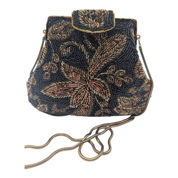 Vintage Beaded Evening Clutch With Metal Hideaway Strap 50-60s Style Black Gold - Picture 2 of 12